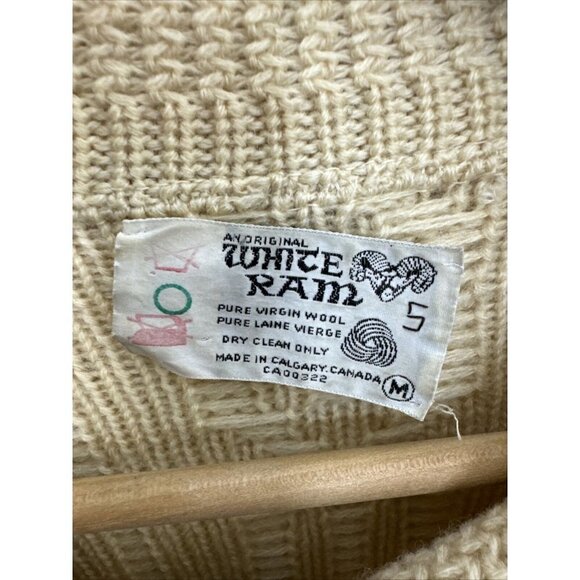 Vintage White Ram Cable Knit Woman M Wool Cardigan Zip Fisherman 70s - Picture 4 of 7